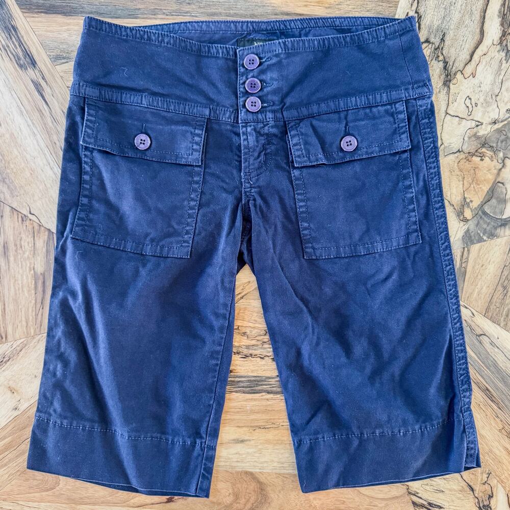 Women's Navy Button-Front Bermuda Shorts with Flap Pockets